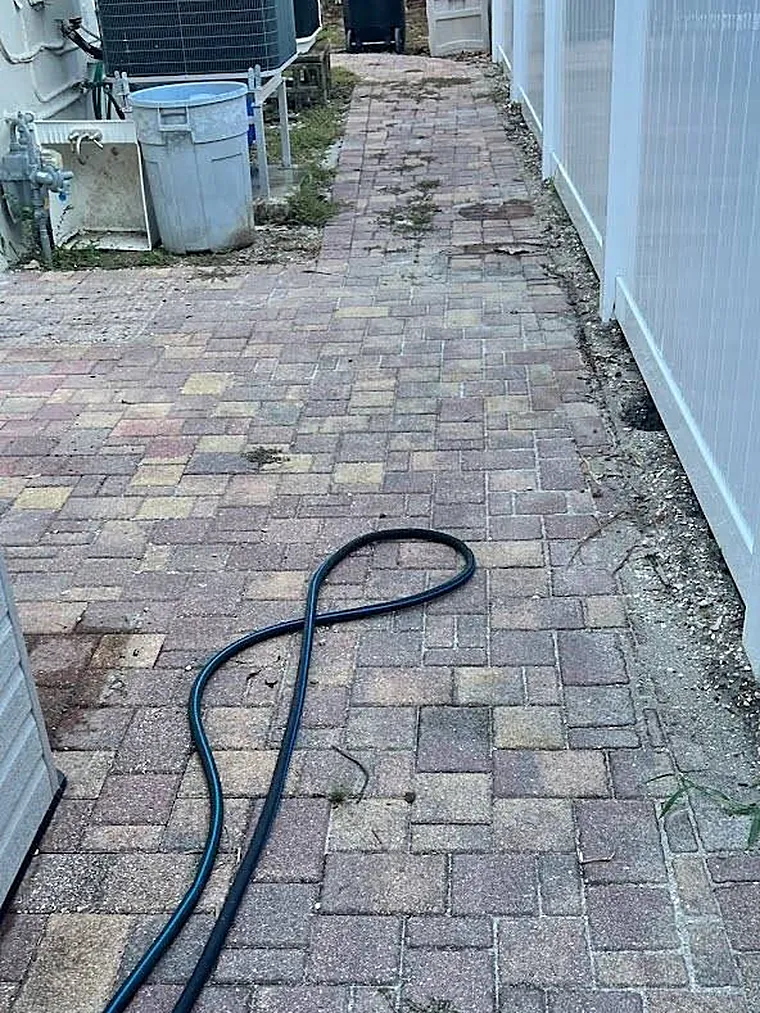 Before: dull, stained side-yard walkway with a garden hose across it